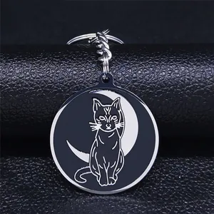 Wiccan Crescent Moon Cat Keychain Stainless Steel Black Enamel Mystic Gothic Animal Pendant Key Ring For Women Men Gift