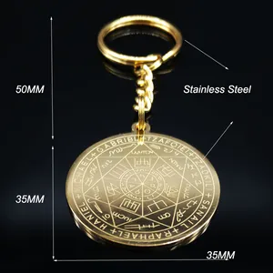 Porte-clés en acier inoxydable doré avec pentagramme des Sept Archanges et gravure