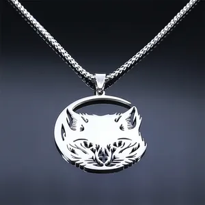 Collana in acciaio inossidabile lucido con ciondolo a gatto vuoto minimalista su catena fine