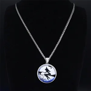 Gothic stainless steel necklace featuring a flying witch and cat moon pendant silhouette