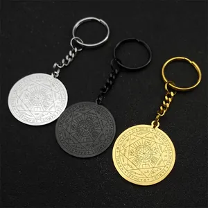 Porte-clés en Acier Inoxydable Sceau des Sept Archanges Pendentif Rond Symboles Géométriques des Archanges Anneau de Clé pour Bijoux Religieux Unisexe Cadeau