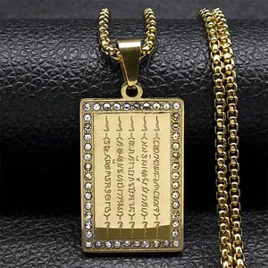 Stainless Steel Thai Buddhist Amulet Five Lines Scripture Rectangular Pendant Necklace With Box Chain Rhinestone Jewelry