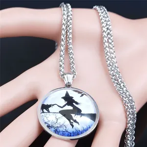 Silver stainless steel necklace with glass dome moon witch and magic cat pendant
