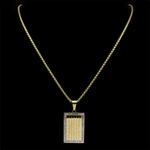 Golden Thai Sak Yant stainless steel pendant necklace with sparkling crystal borders