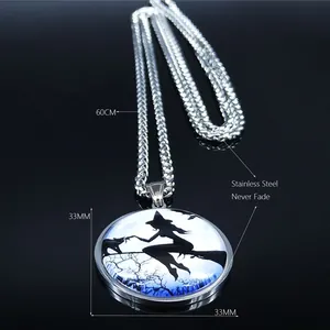 Stainless steel necklace with moon and witch pendant on a 60cm non-fade chain