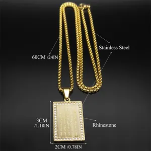 Gold stainless steel rectangle pendant necklace with rhinestones and scripture engraving