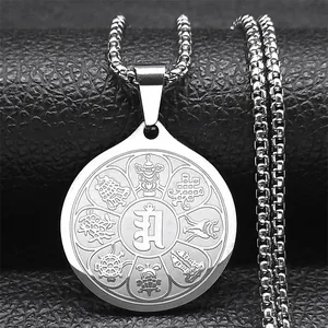 Retro Stainless Steel Buddhist Om Mani Padme Hum Pendant Necklace For Unisex Eight Auspicious Symbols Lotus Religious Jewelry