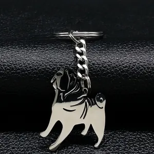 Mode Schattige Mops Hond Roestvrij Staal Sleutelhanger Zilver Dier Silhouet Sleutelring Voor Vrouwen Mannen Sieraden Cadeau
