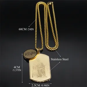 Gouden roestvrijstalen ketting met rechthoekige Guan Yu hanger en ronde bedel