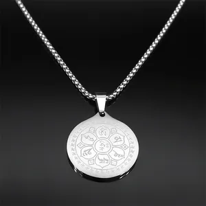 Silver stainless steel Buddhist pendant with lotus and Sanskrit symbols on black background