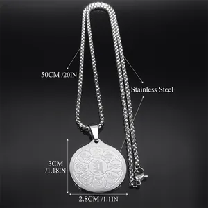 Titanium steel Buddhist pendant necklace featuring Sanskrit engraving on polished silver finish