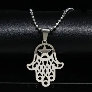 Collier Pendentif Main de Fatima Pentagramme Mauvais Œil en Acier Inoxydable Vintage Bijoux Ethniques Amulette Porte-Bonheur Chaîne à Billes pour Hommes Femmes