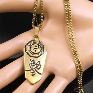 Goldener Edelstahl Bagua Taoist Anhänger mit Kalligrafie auf einer Gliederkette