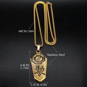 Goldene Edelstahlkette mit Tai-Chi-Bagua-Anhänger und chinesischer Zeichenplakette