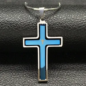 Collar con Colgante de Cruz de Crucifijo Giratorio de Acero Inoxidable Plata Azul Joyería Religiosa para Hombre Mujer Regalo