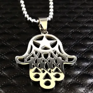 Collier avec pendentif Main de Fatma en acier inoxydable vintage avec étoile et chaîne