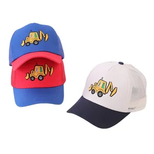 Kids baseball mesh caps with excavator embroidery in assorted vibrant colors