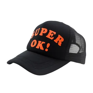 Fashionable black trucker hat featuring orange SUPER OK print and breathable mesh back