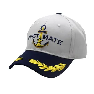 Gray and navy embroidery captain baseball cap featuring First Mate anchor and gold leaves
