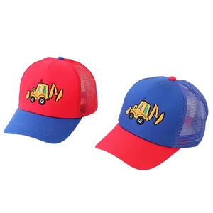 Detailed close-up of kids mesh baseball caps featuring cartoon excavator embroidery