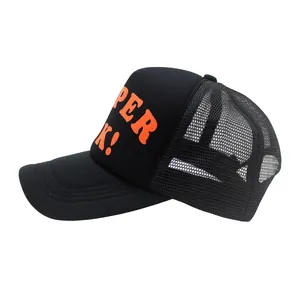 Classic black trucker hat with orange SUPER OK print and breathable mesh back
