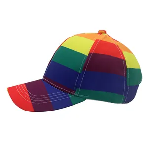 Detail of colorful rainbow striped baseball cap featuring classic six-panel design and curved brim