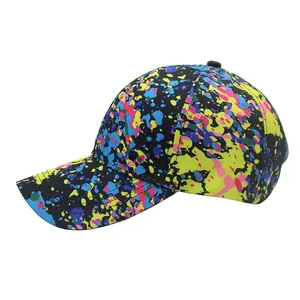 Detailed view of colorful graffiti splash pattern and texture on a stylish baseball cap