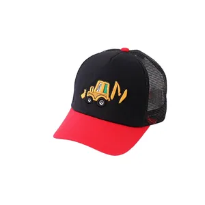 Kids baseball cap with excavator embroidery and breathable mesh in black and red colors
