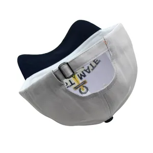 Light gray cotton nautical baseball cap with navy brim and adjustable metal buckle