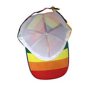 Detail of colorful rainbow baseball cap interior with 100% polyester fabric label