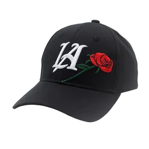 Black cotton baseball cap with white LA embroidery and red rose design on the front