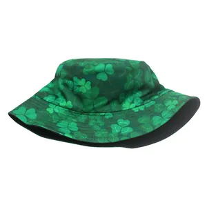 Detailed view of green bucket hat with shamrock print for St. Patrick's Day