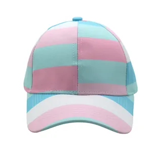 Rainbow striped baseball cap with pink, blue and white horizontal patterns and curved brim