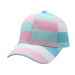 Close-up of pink and blue striped baseball cap with reinforced stitching on the brim