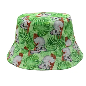 Hellgrüner Fischerhut für Damen und Herren mit Koala- und Monstera-Blatt-Druck für draußen