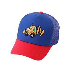 Detailed view of kids truck hat featuring yellow excavator embroidery and breathable mesh