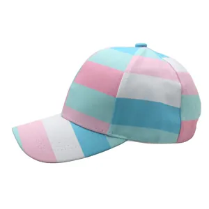 Detail view of pink and light blue striped baseball cap with reinforced stitched brim