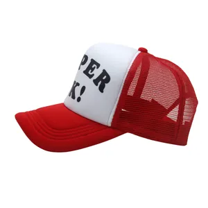 Detail of red and white mesh trucker cap with black SUPER K! letter print on foam front