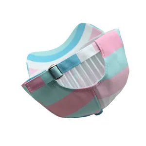 Detail of adjustable metal buckle on macaron rainbow striped baseball cap
