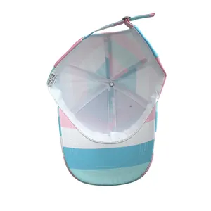 Detailed interior of a striped baseball cap showing 100% polyester wash label and strap