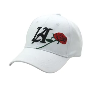 White baseball cap with black LA embroidery and a red rose flower design for casual wear