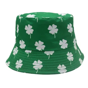 St Patricks Day Clover Print Bucket Hat Double Sided Wearable Shamrock Pattern Sun Protection Fisherman Hat For Men Women