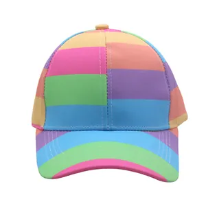 Rainbow striped baseball cap with vibrant multi-color panels and curved brim for unisex wear