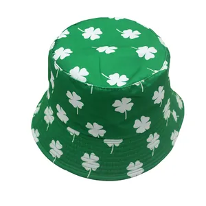 Reversible green bucket hat with white clover pattern for St. Patrick's Day style