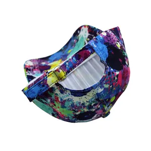 Detail of colorful paint splatter baseball cap with adjustable strap and metal buckle