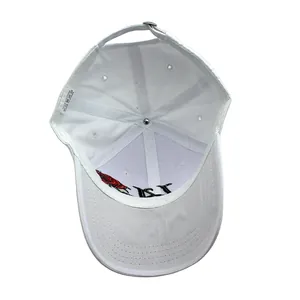 Internal structure of white cotton baseball cap with red embroidery and metal buckle