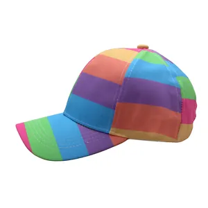 Side view detail of colorful rainbow striped baseball cap with multi-row stitched brim