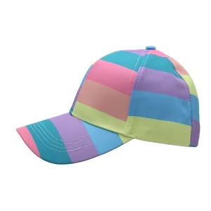 Detail of colorful striped canvas baseball cap with blue top button on white background