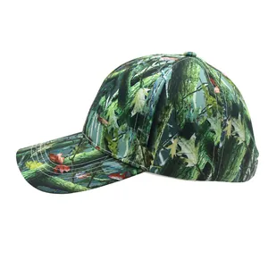 Detail of forest camouflage baseball cap with realistic branch and leaf patterns