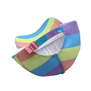 Detailed back view of rainbow striped baseball cap showing pink strap and metal buckle